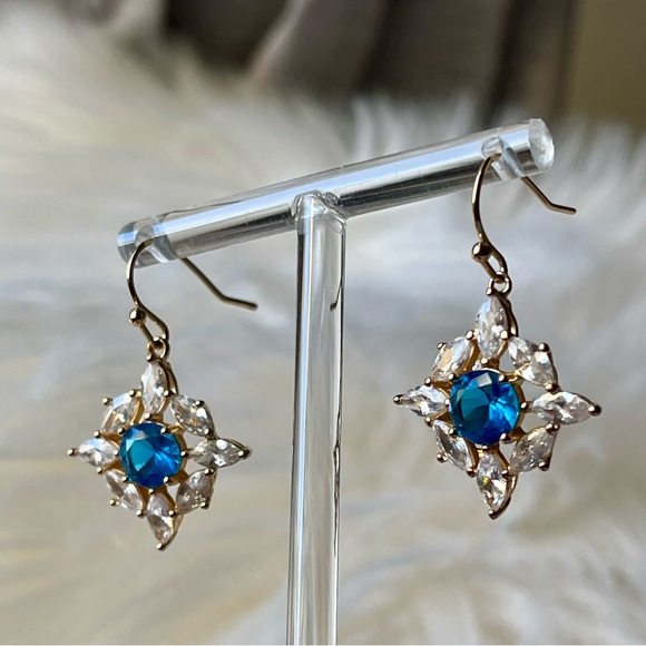 Bomb Party | Blue Center Stone and Clear Marquis Shaped CZ Gold Plated Earrings - Picture 12 of 13